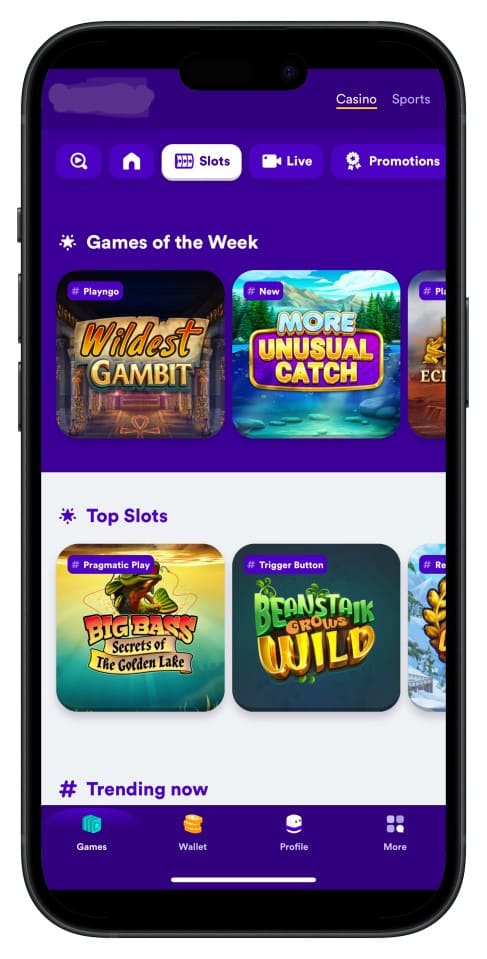 Screenshot showing cv444 App interface with intuitive menus and game choices